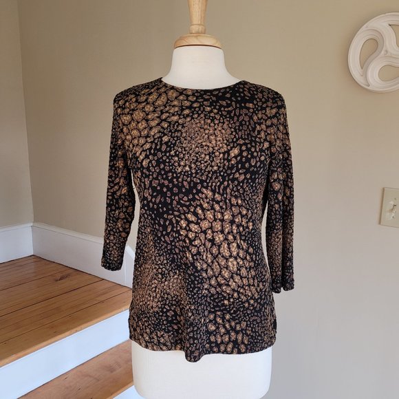 JM Collection 3/4 Sleeve, Black/Gold Textured Print Stretchy Top. Size S - Picture 2 of 9
